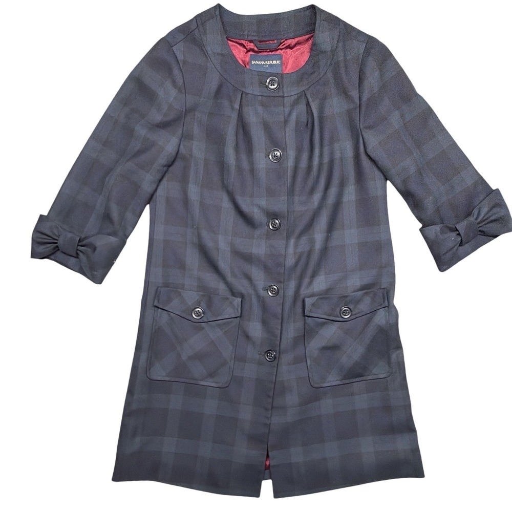 VTG Banana Republic Navy Black Plaid Wool Blend Bow Cuff‎ Coat Women's Small